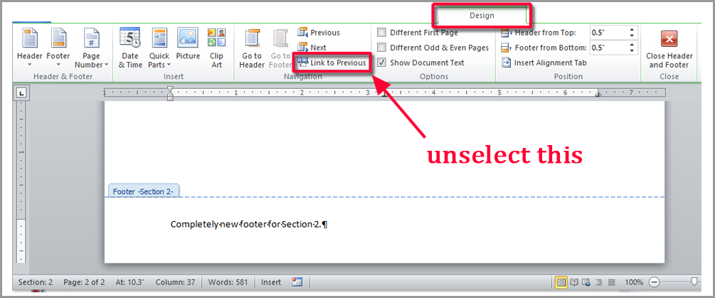 how to delete header and footer in word to only one page